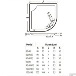 Kwartrond Douchebak Bounty 100 X 90 X 4 Cm Edelweis -Sealkin Badkamermeubilair Winkel 100x90 bounty edelweis technische tekening