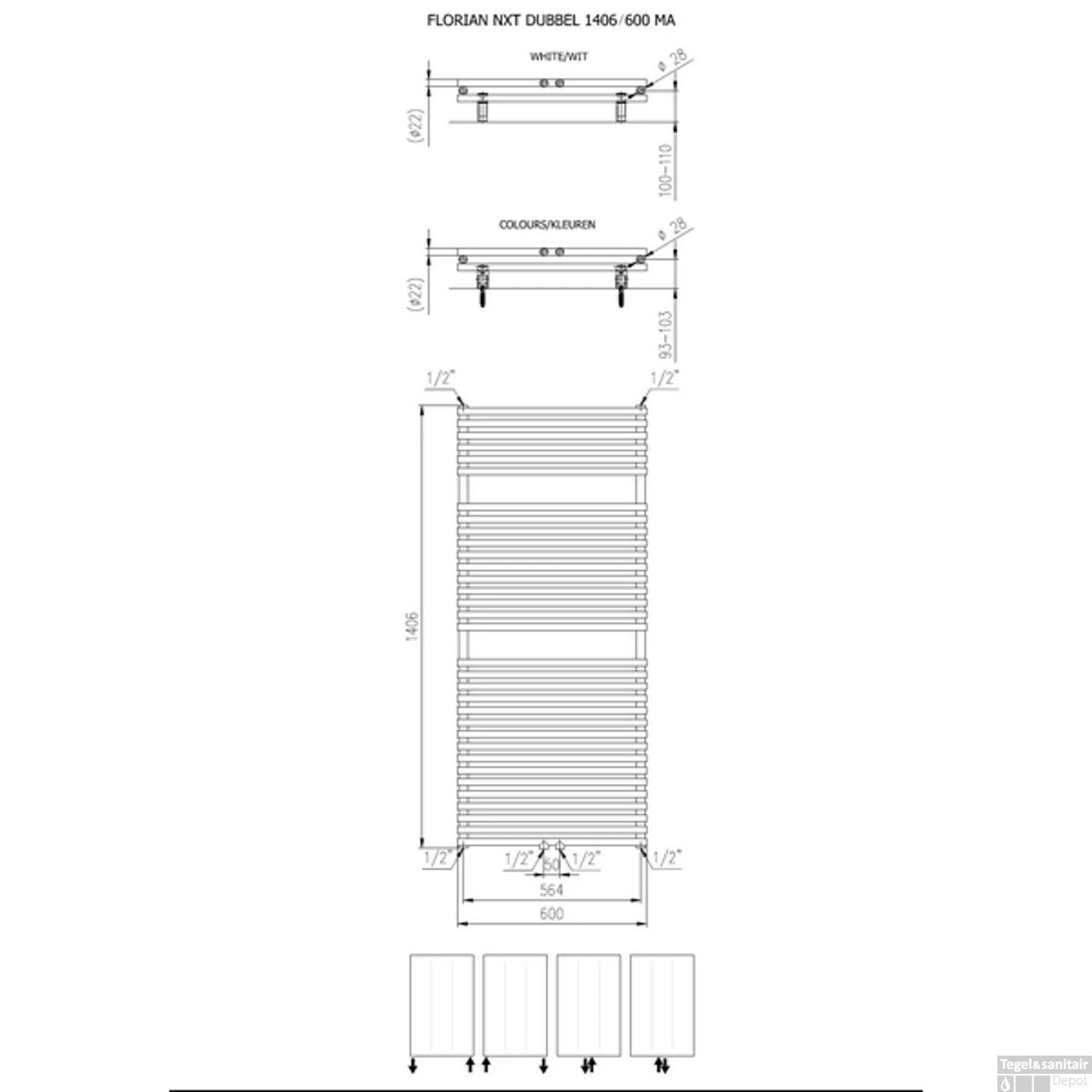 Designradiator Florion Nxt Dubbel 140,6 X 60 Cm 1153 Watt Met Middenaansluiting Zilver Metallic - Afbeelding 2