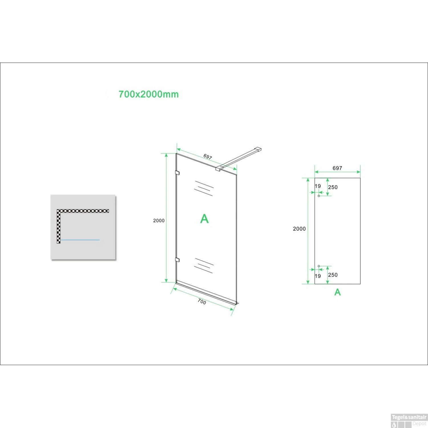 Inloopdouche Profielloos Wiesbaden 70x200 8mm NANO Glas 6 Inloopdouche Profielloos Wiesbaden 70x200 8mm NANO Glas - Afbeelding 4