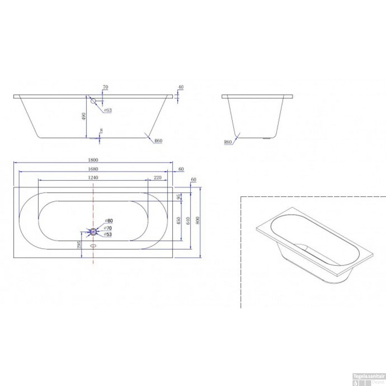 BWS Inbouw Duo Ligbad Porto Acryl 180x80x50 Cm Wit 5 BWS Inbouw Duo Ligbad Porto Acryl 180x80x50 Cm Wit - Afbeelding 3
