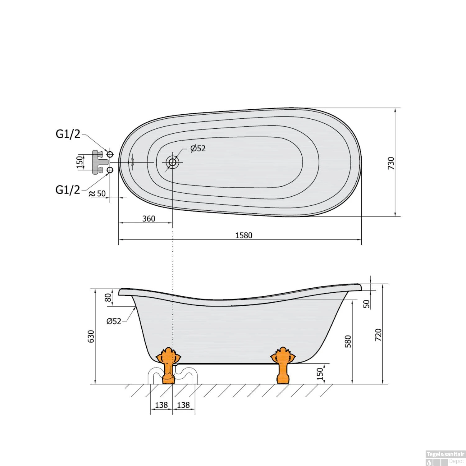 Vrijstaand Bad Sapho Retro 158x73x72 Cm Wit Met Leeuwenpoten Brons - Afbeelding 6