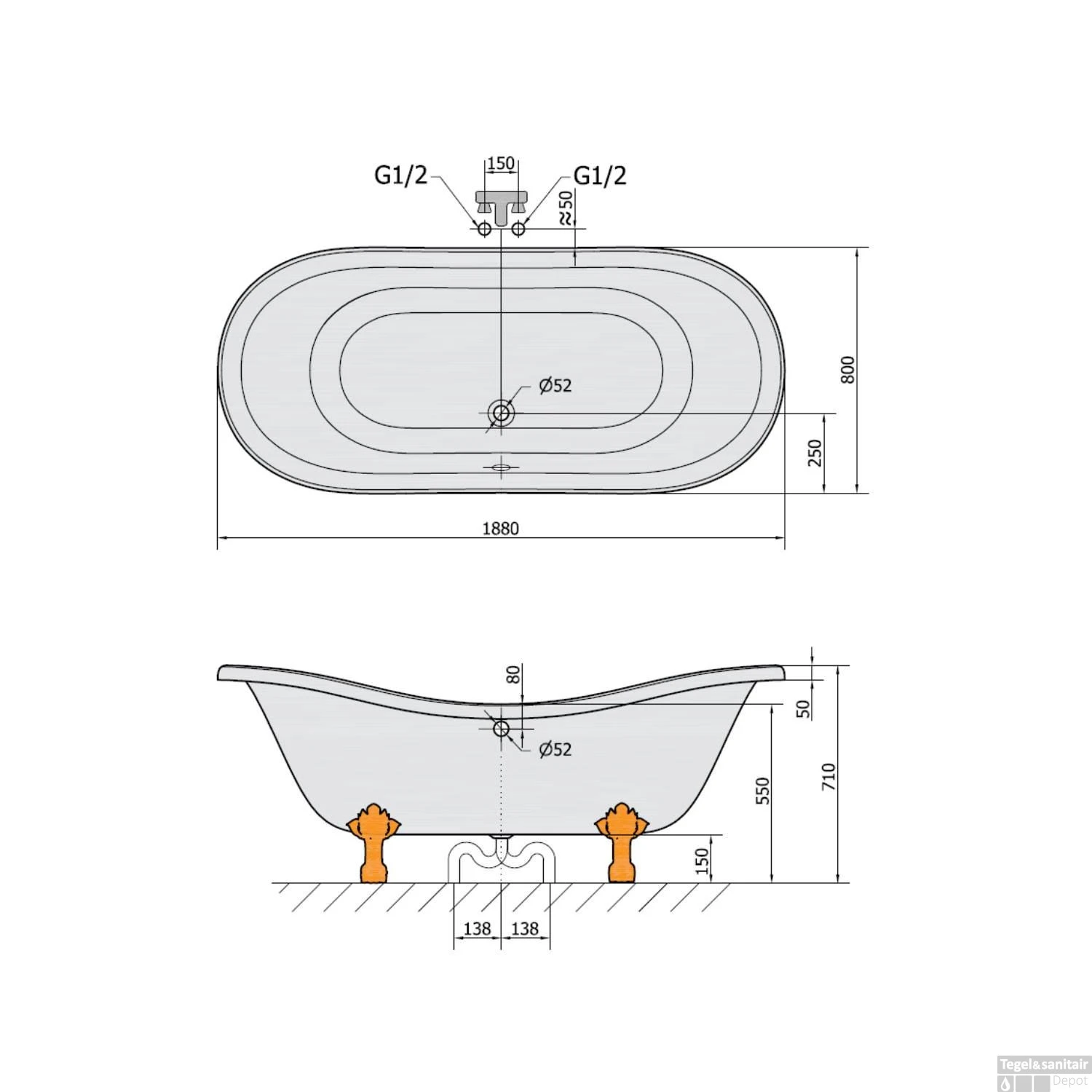 Vrijstaand Bad Sapho Charleston 188x80x71 Cm Wit / Zwart Met Leeuwenpoten - Afbeelding 9