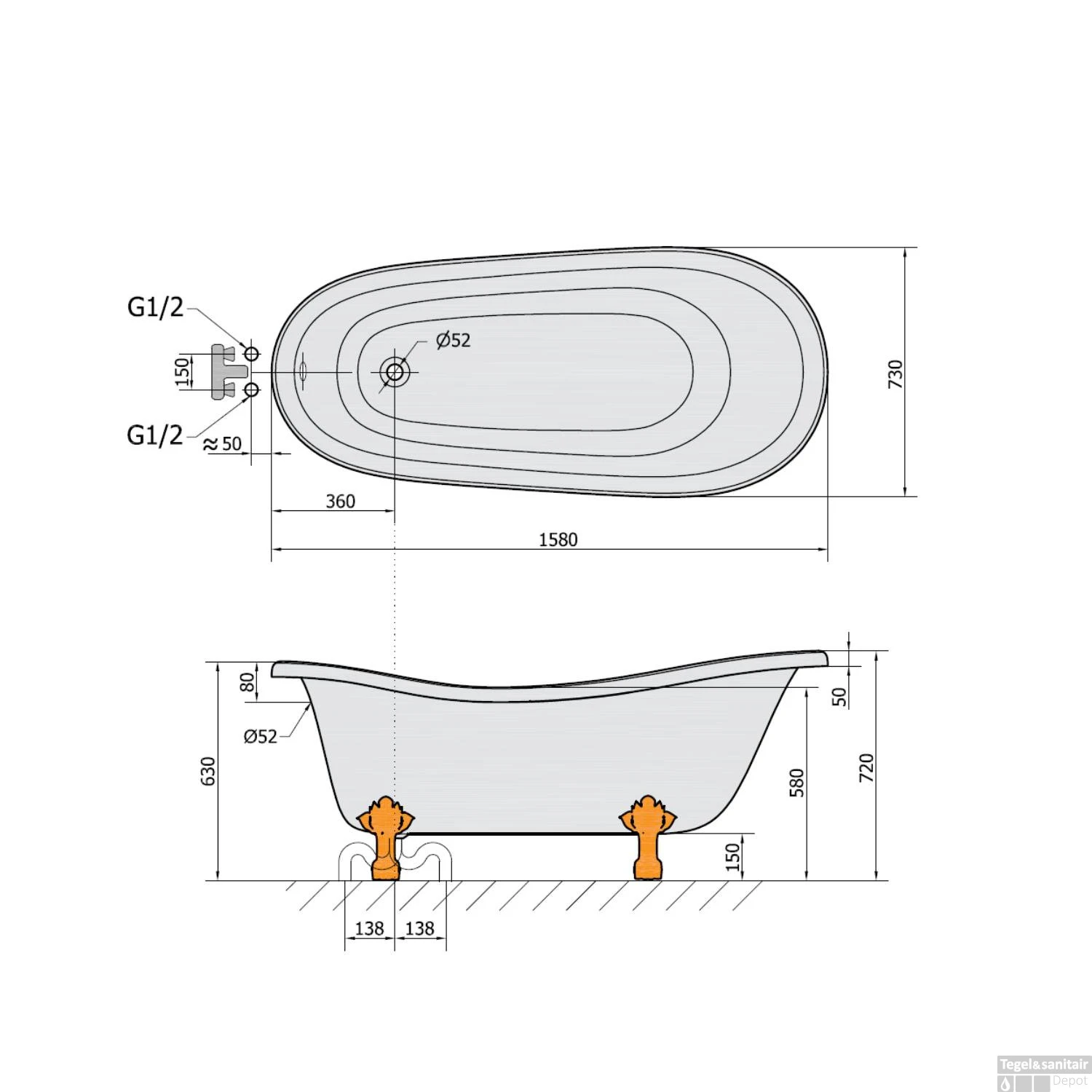 Vrijstaand Bad Sapho Retro 158x73x72 Cm Wit / Zwart Met Leeuwenpoten - Afbeelding 6
