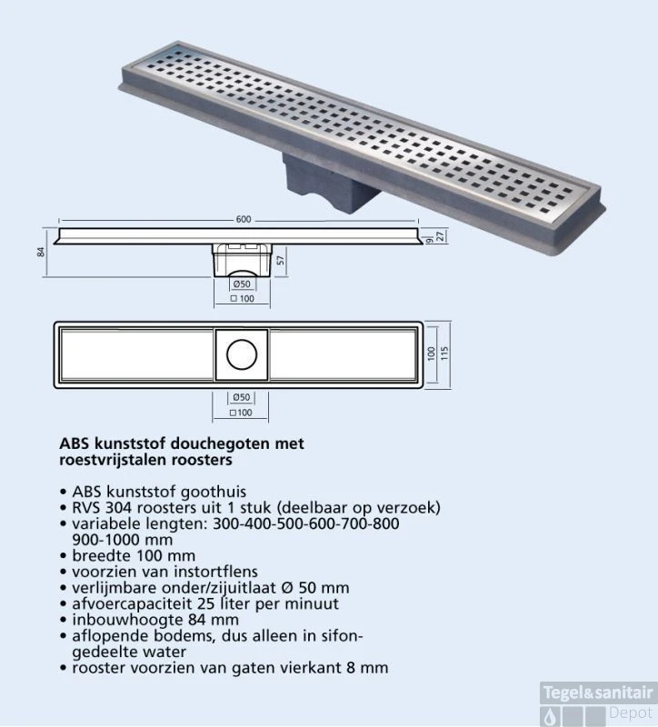 Berg Van Den Abs Douchegoot 60 Cm.onder-zij Uitlaat 50 Mm. Rvs 4 Berg Van Den Abs Douchegoot 60 Cm.onder-zij Uitlaat 50 Mm. Rvs - Afbeelding 2