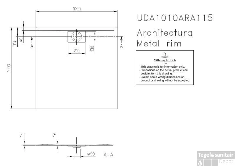 Villeroy & Boch Architectura Douchebak 100 X 100 X 4.8 Cm. Metalrim Grijs 4 Villeroy & Boch Architectura Douchebak 100 X 100 X 4.8 Cm. Metalrim Grijs - Afbeelding 2