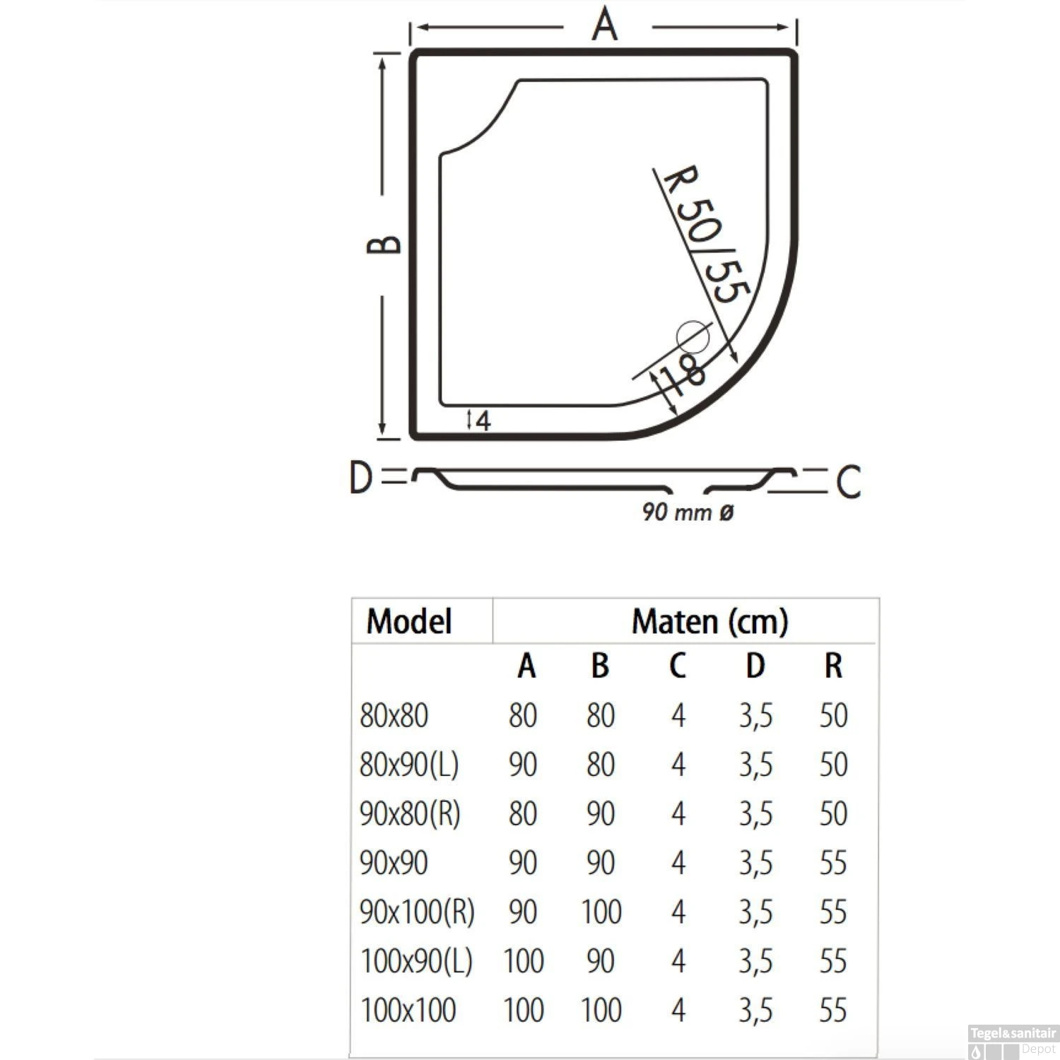 Kwartrond Douchebak Bounty 90 X 100 X 4 Cm Klei 5 Kwartrond Douchebak Bounty 90 X 100 X 4 Cm Klei - Afbeelding 3