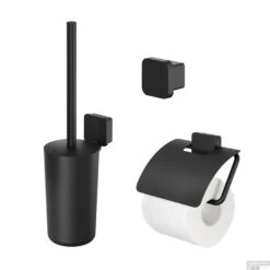 Accessoires Set Geesa Topaz Toiletborstelhouder Handdoekhaak Klein En Toiletrolhouder Mat Zwart