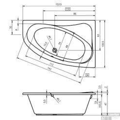 Ligbad Riho Lyra 153 X 100 Cm LINKS Wit -Sealkin Badkamermeubilair Winkel afmetingen lyra 153 links