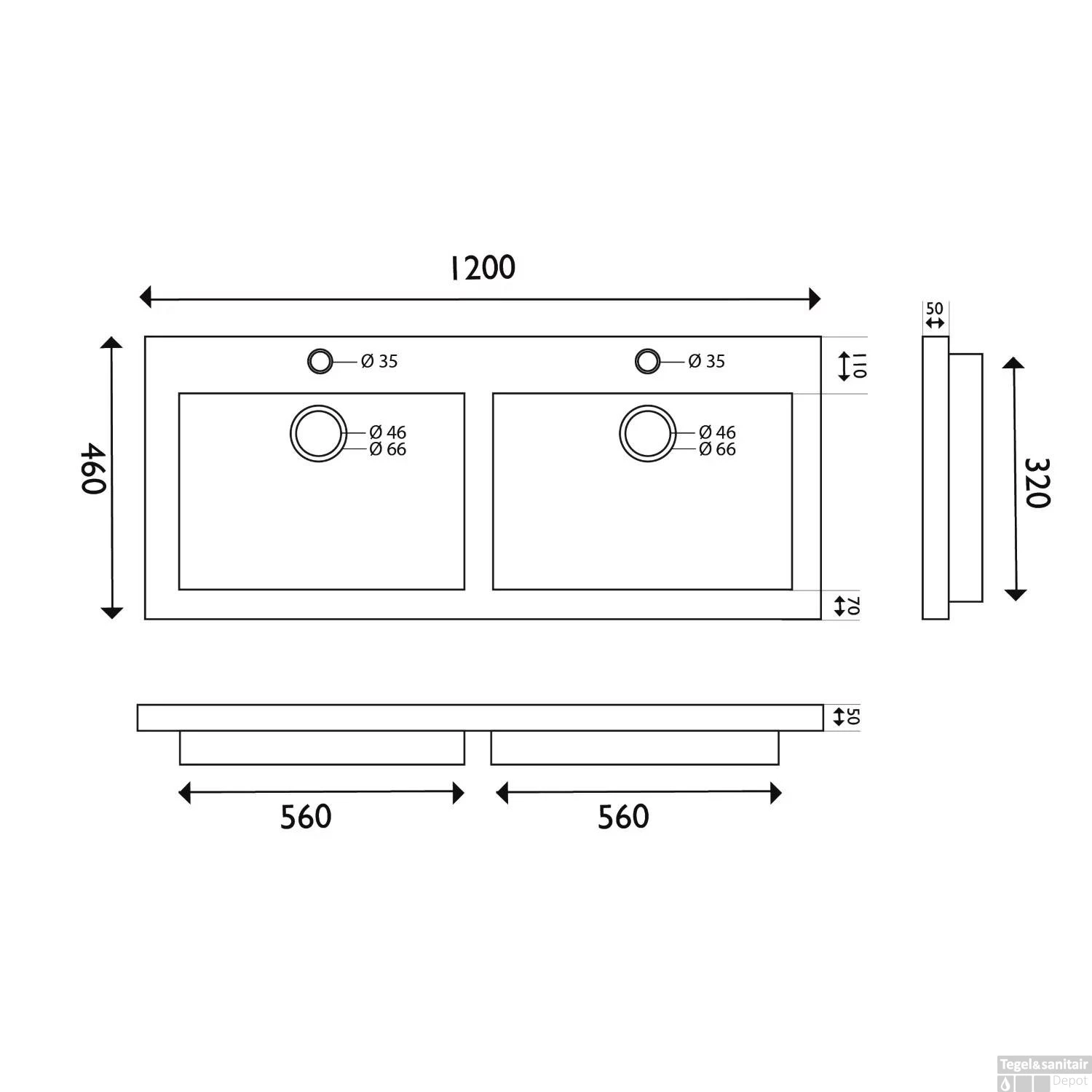 BWS Wastafel Dubbel Hardsteen 120x46x5 Cm 2 Kraangaten Mat Zwart 4 BWS Wastafel Dubbel Hardsteen 120x46x5 Cm 2 Kraangaten Mat Zwart - Afbeelding 2
