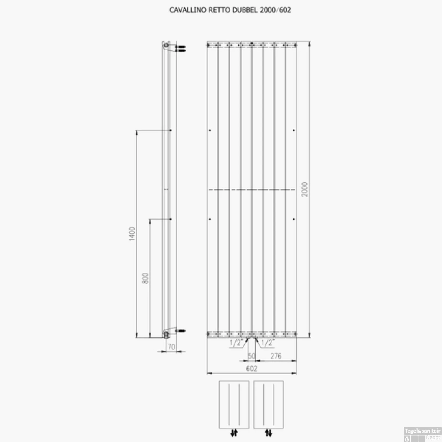 Designradiator Plieger Cavallino Retto Dubbel 1716 Watt Middenaansluiting 200x60,2 Cm Zwart - Afbeelding 2
