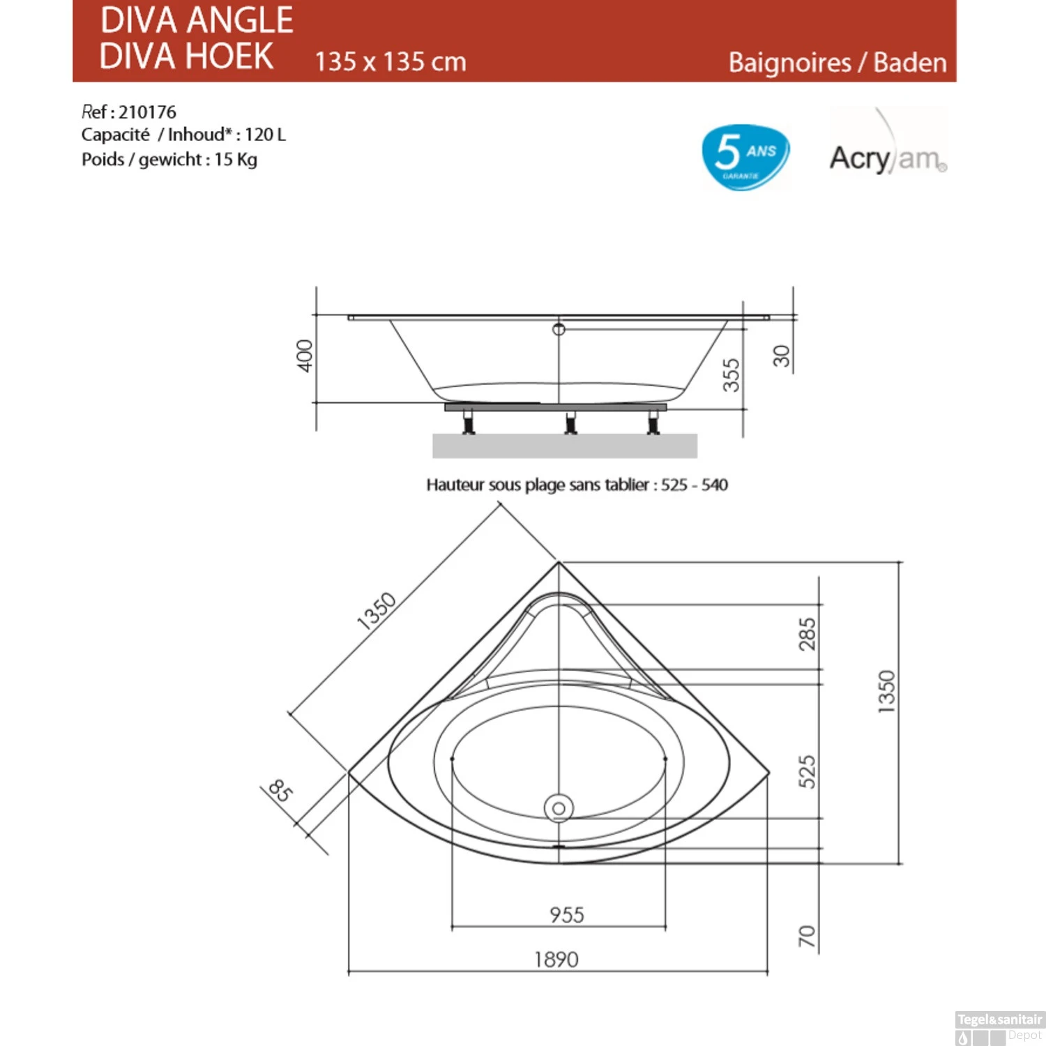 Hoekbad Allibert Diva Kwartrond 135x135 Cm 4 Hoekbad Allibert Diva Kwartrond 135x135 Cm - Afbeelding 2