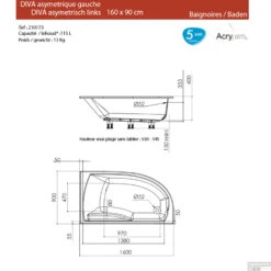 Hoekbad Allibert Diva 160x90 Cm Asymmetrisch Links -Sealkin Badkamermeubilair Winkel diva links 160x90 tech 1