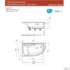 Hoekbad Allibert Diva 160x90 Cm Asymmetrisch Rechts -Sealkin Badkamermeubilair Winkel diva rechts 160x90 tech
