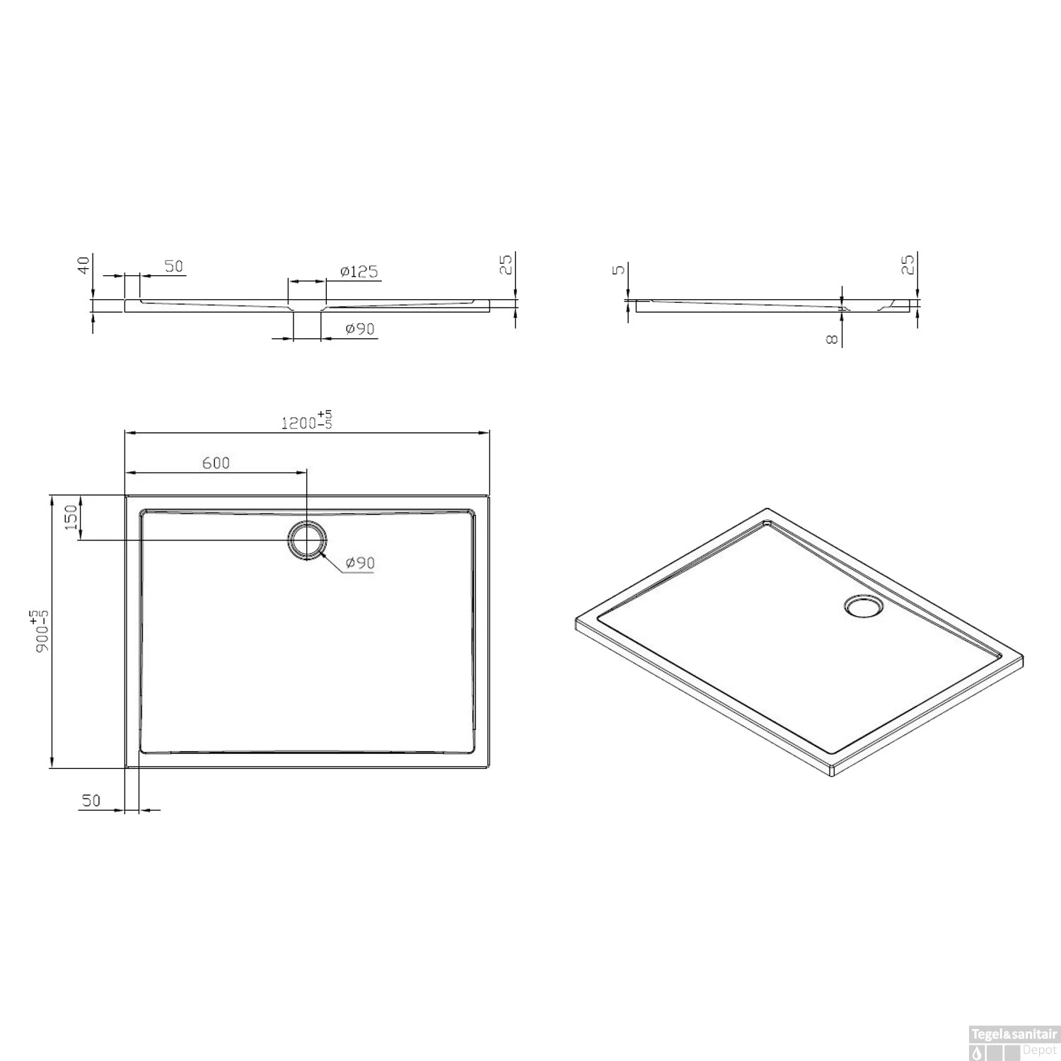 Douchebak Wiesbaden Acryl 120x90x4cm Wit Rechthoek 90mm Afvoer 4 Douchebak Wiesbaden Acryl 120x90x4cm Wit Rechthoek 90mm Afvoer - Afbeelding 2