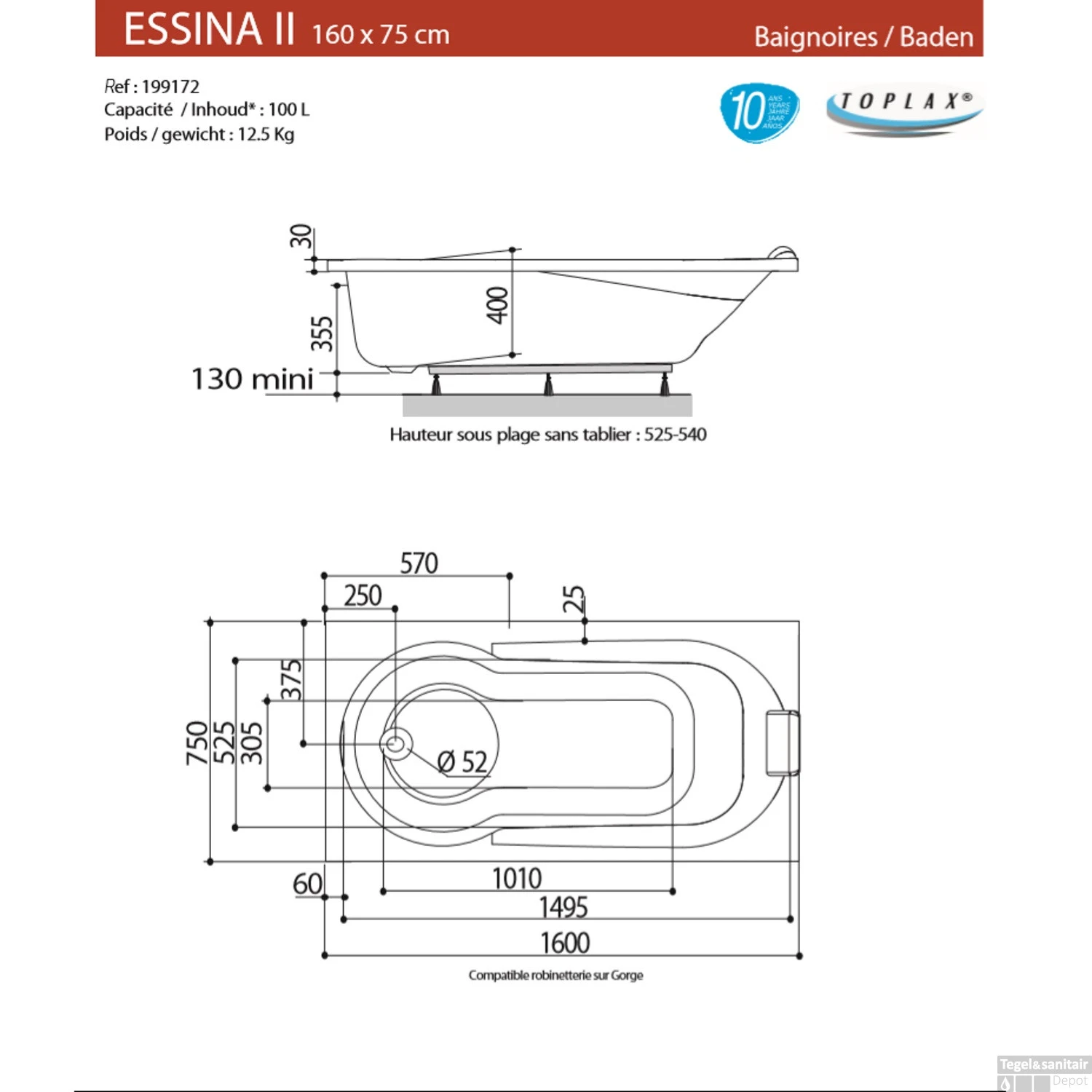 Ligbad Allibert Essina² 160x75x52-54,5 4 Ligbad Allibert Essina² 160x75x52-54,5 - Afbeelding 2