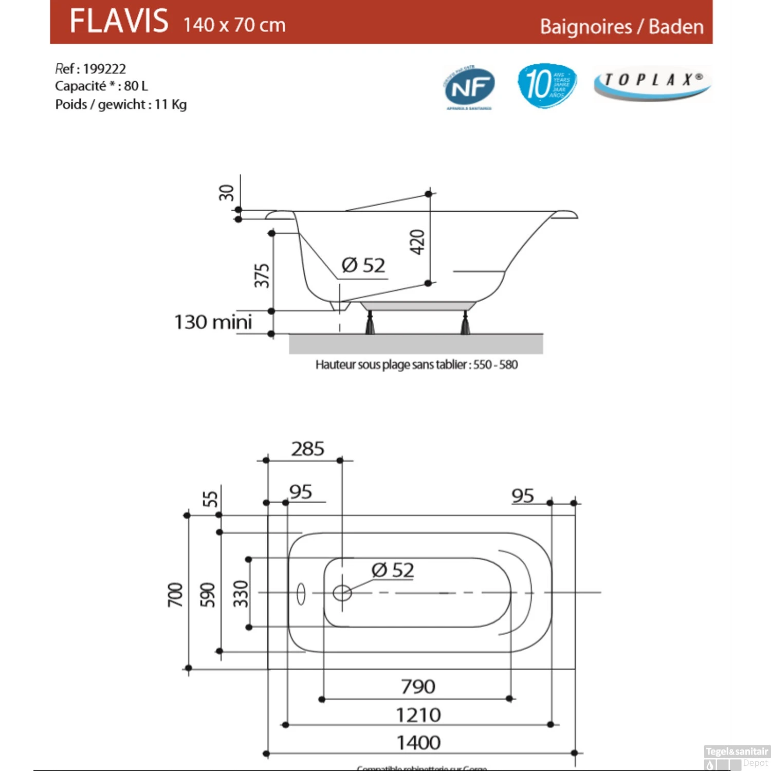 Ligbad Allibert Flavis 140x70x58.5 Cm 5 Ligbad Allibert Flavis 140x70x58.5 Cm - Afbeelding 3