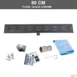 Zwarte Chromen RVS Douchegoot Flens Met Uitneembaar Sifon 80x7cm 6,7cm Diep BLACK CHROME ROOSTER