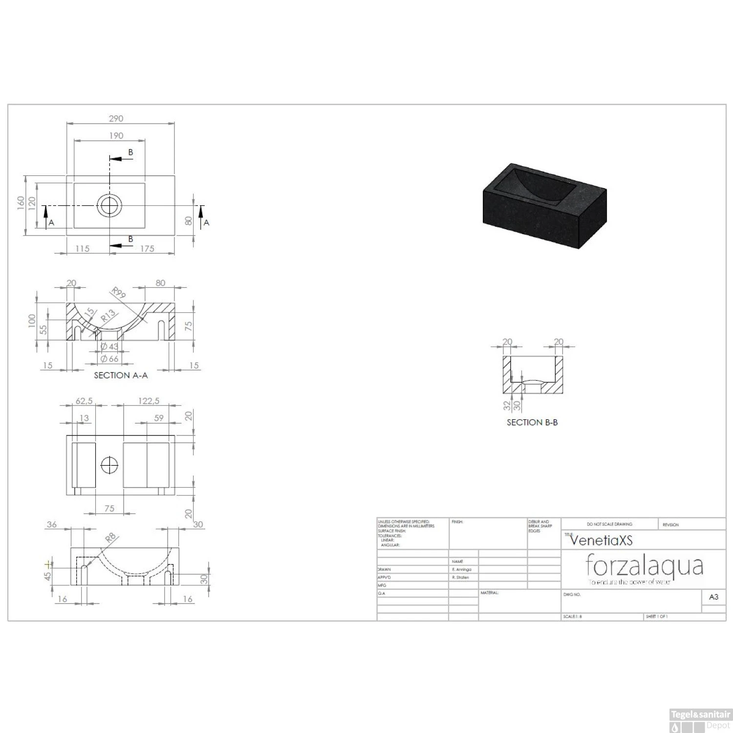 Fontein Forzalaqua Venetia XS Graniet Gezoet Zonder Kraangat Rechts 29x16x10 Cm - Afbeelding 2
