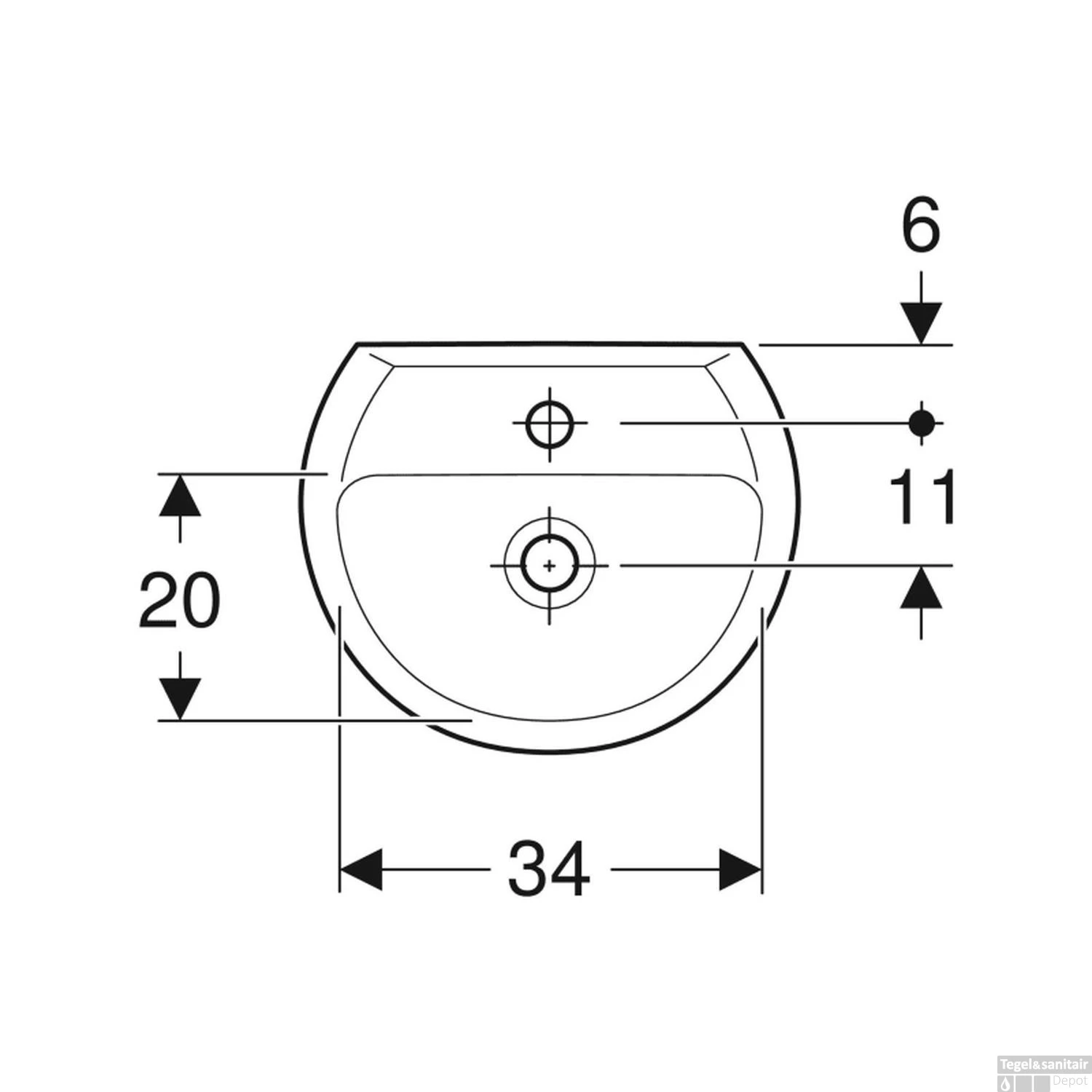 Fontein Geberit Bastia 40x33 Cm Rond Met Kraangat Met Asymetrische Overloop Glans Wit - Afbeelding 4