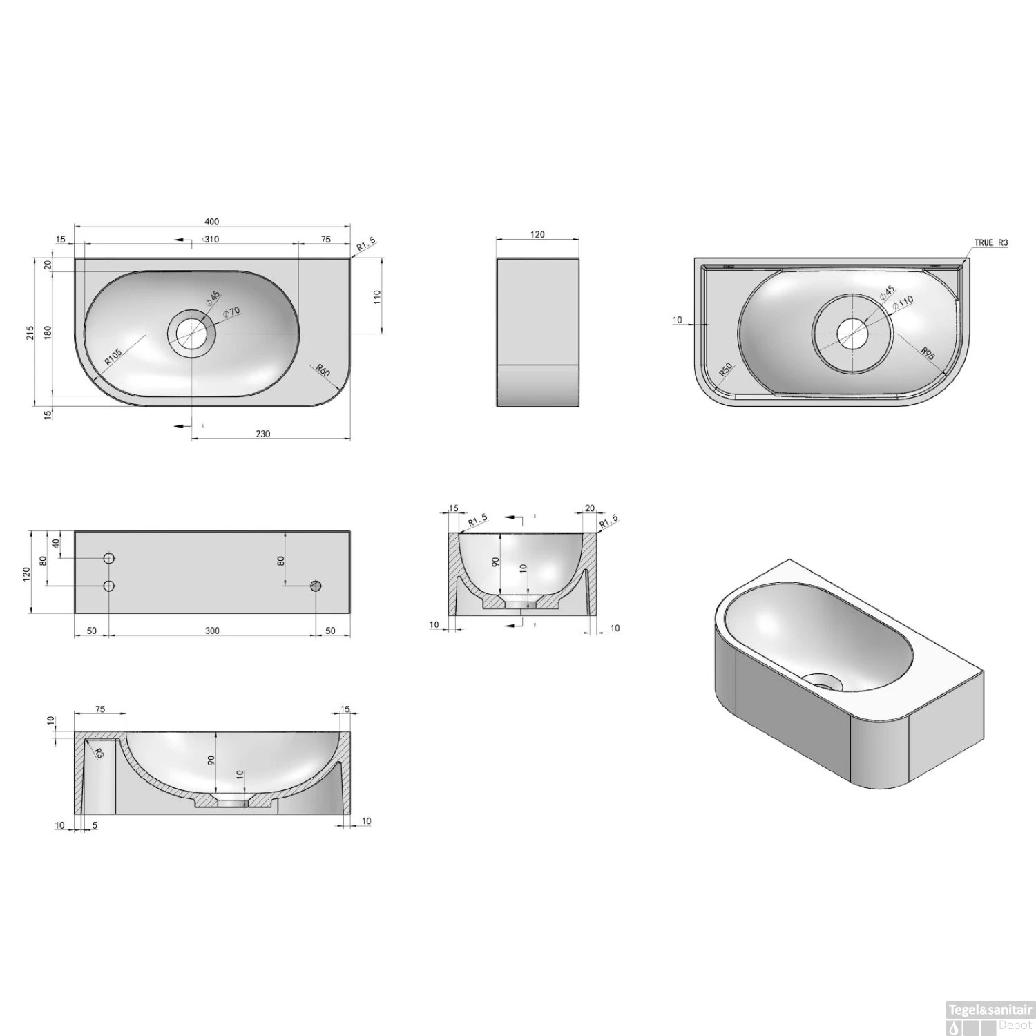 Fontein Luca Sanitair Wand 40x21.5x12 Cm Solid Surface Zonder Kraangat Antraciet Rechts - Afbeelding 3