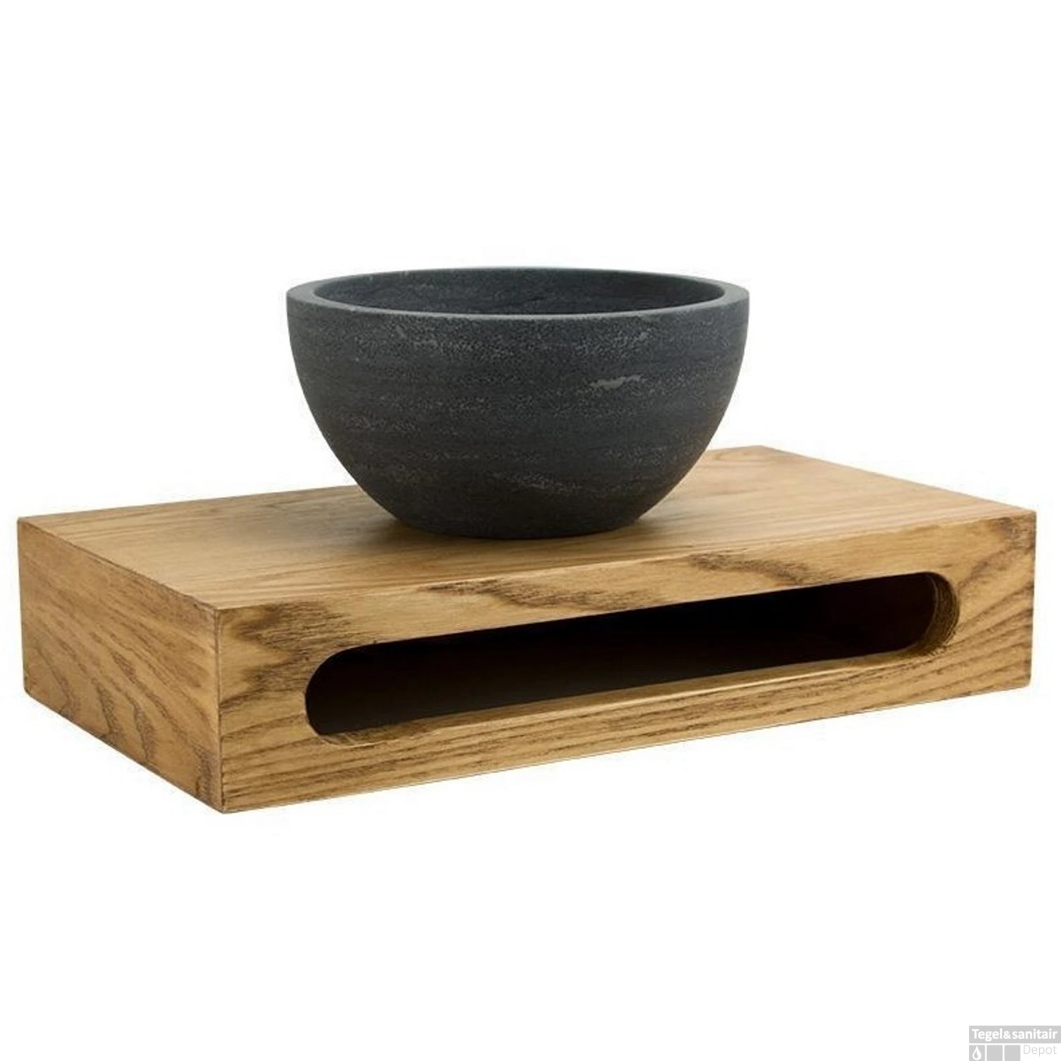 Waskom Sanilux Rond 20x12 Cm Natuursteen Met Massief Wood Planchet - Afbeelding 2