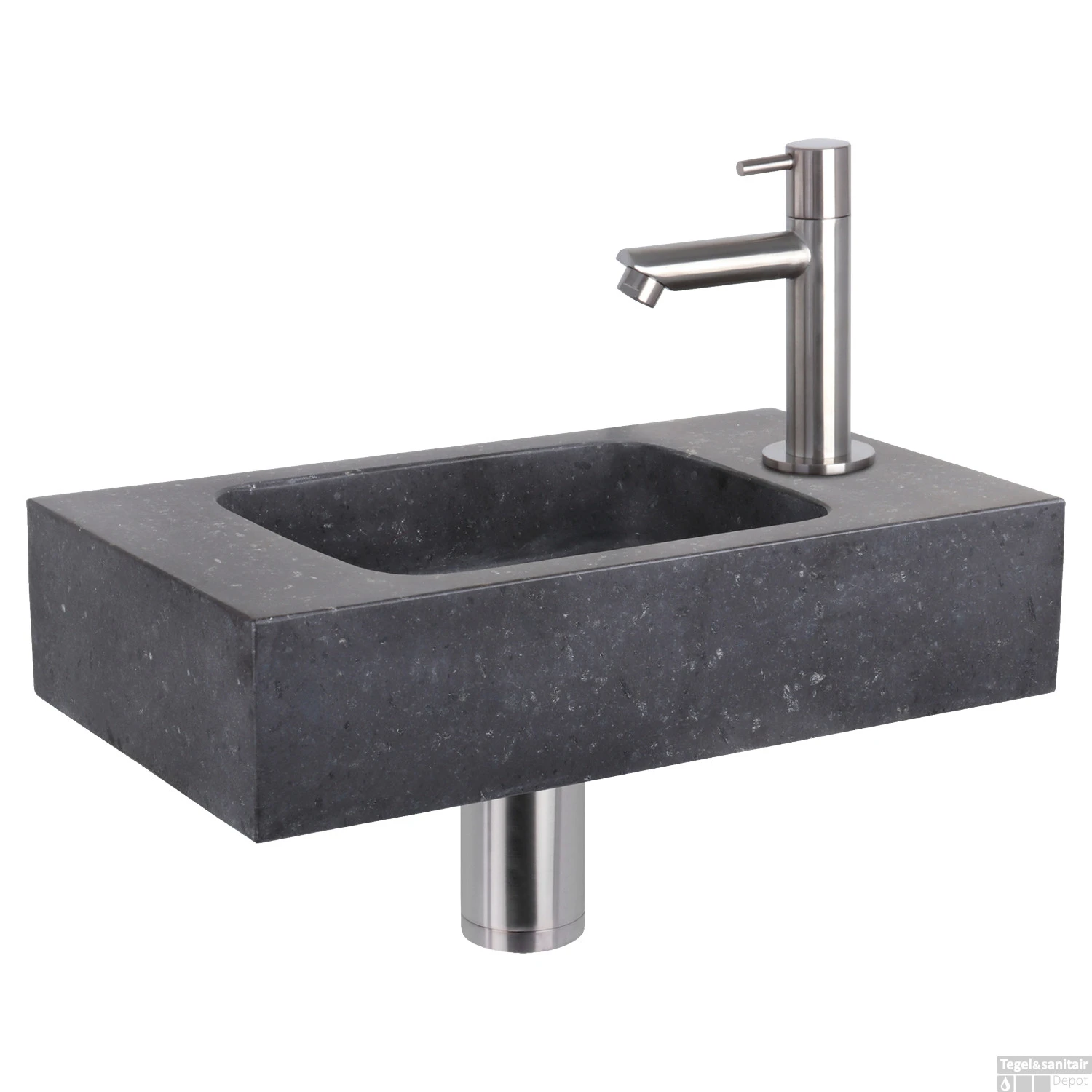 Fonteinset Differnz Bombai Natuursteen 40x22x9 Cm Zwart Met Rechte Kraan Mat Chroom