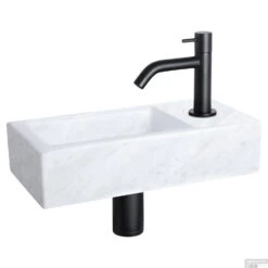 Fonteinset Differnz Helios 37.5x18.5x9.5 Cm Marmer Wit Met Gebogen Kraan Mat Zwart
