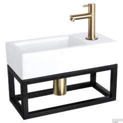 Fonteinset Differnz Ravo Keramiek Met Handoekrek 38.5x18.5x9 Cm Wit Met Rechte Kraan Mat Goud