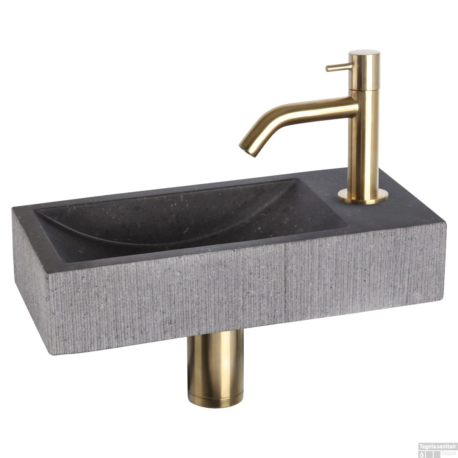 Fonteinset Differnz Ribble Natuursteen 38x18x8 Cm Zwart Met Gebogen Kraan Mat Goud