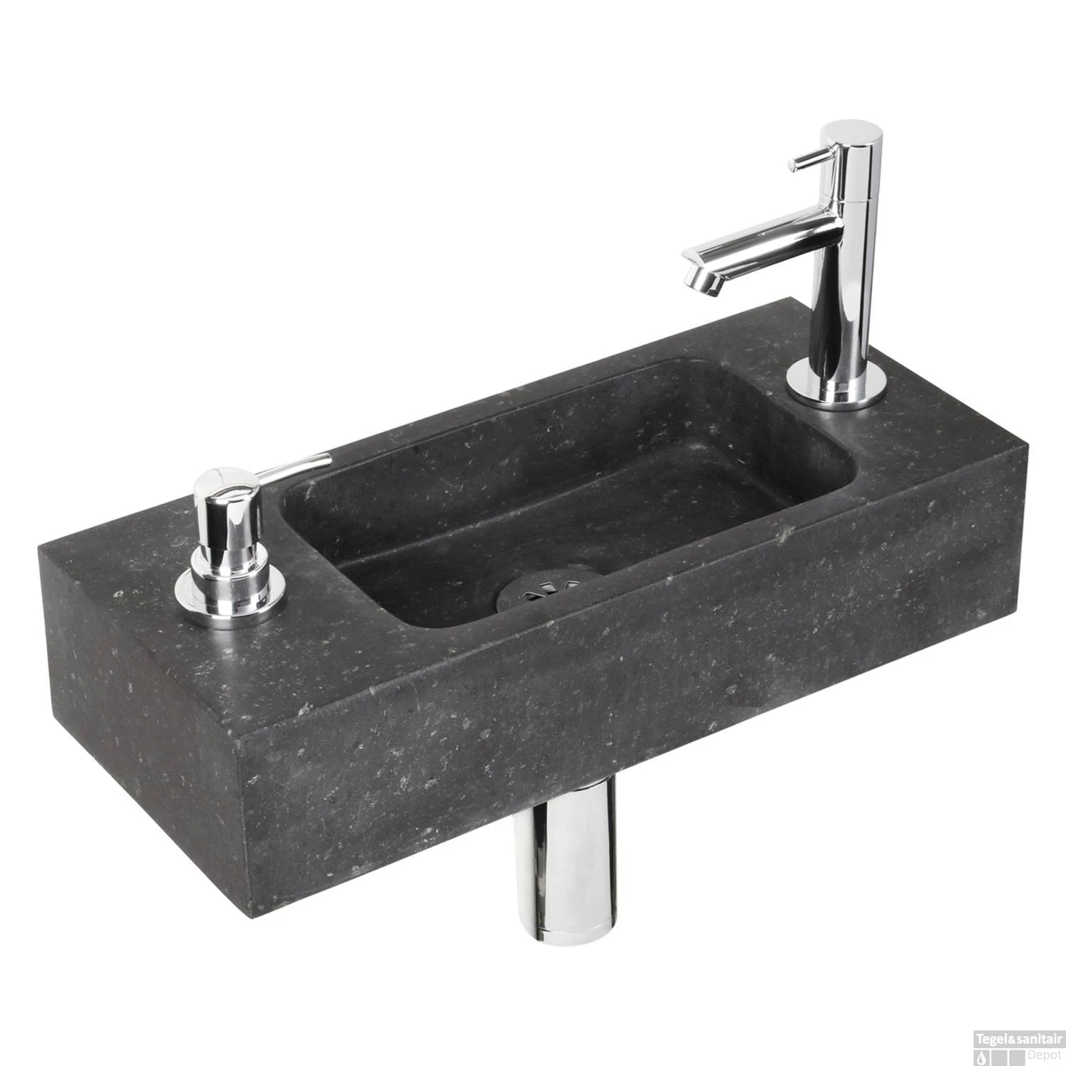 Fonteinset Differnz Sapon Rechts 42.5x18.5x9 Cm Geintegreerde Zeepdispenser Natuursteen Antraciet (inclusief Chrome Kraan Sifon En Afvoer) 5 Fonteinset Differnz Sapon Rechts 42.5x18.5x9 Cm Geintegreerde Zeepdispenser Natuursteen Antraciet (inclusief Chrome Kraan Sifon En Afvoer) - Afbeelding 3