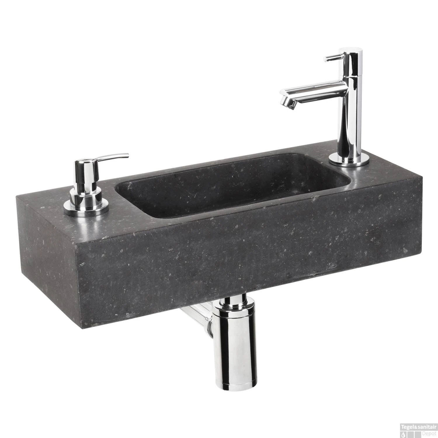 Fonteinset Differnz Sapon Rechts 42.5x18.5x9 Cm Geintegreerde Zeepdispenser Natuursteen Antraciet (inclusief Chrome Kraan Sifon En Afvoer) 7 Fonteinset Differnz Sapon Rechts 42.5x18.5x9 Cm Geintegreerde Zeepdispenser Natuursteen Antraciet (inclusief Chrome Kraan Sifon En Afvoer) - Afbeelding 5