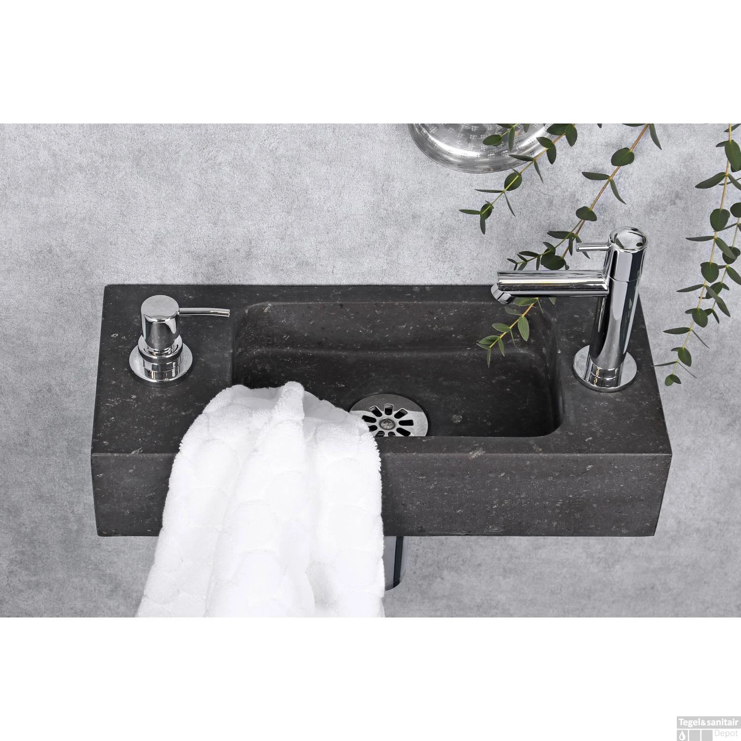 Fonteinset Differnz Sapon Rechts 42.5x18.5x9 Cm Geintegreerde Zeepdispenser Natuursteen Antraciet (inclusief Chrome Kraan Sifon En Afvoer) 4 Fonteinset Differnz Sapon Rechts 42.5x18.5x9 Cm Geintegreerde Zeepdispenser Natuursteen Antraciet (inclusief Chrome Kraan Sifon En Afvoer) - Afbeelding 2