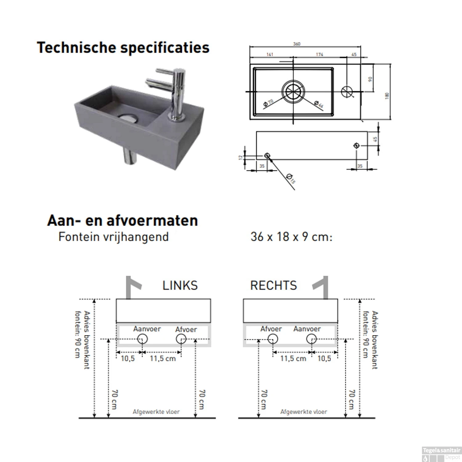 Fonteinset INK Versus 36x18x9 Cm Quartz Beton Met Kraangat Rechts Mat Rose Goud - Afbeelding 5
