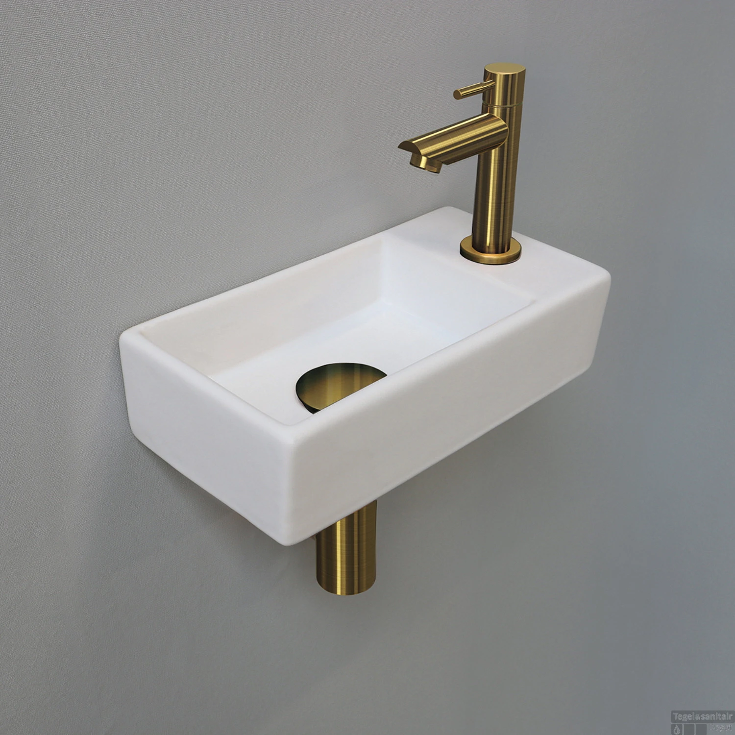 Fonteinset INK Versus 36x18x9cm Porselein Mat Wit Met Kraangat Rechts Brushed Mat Goud