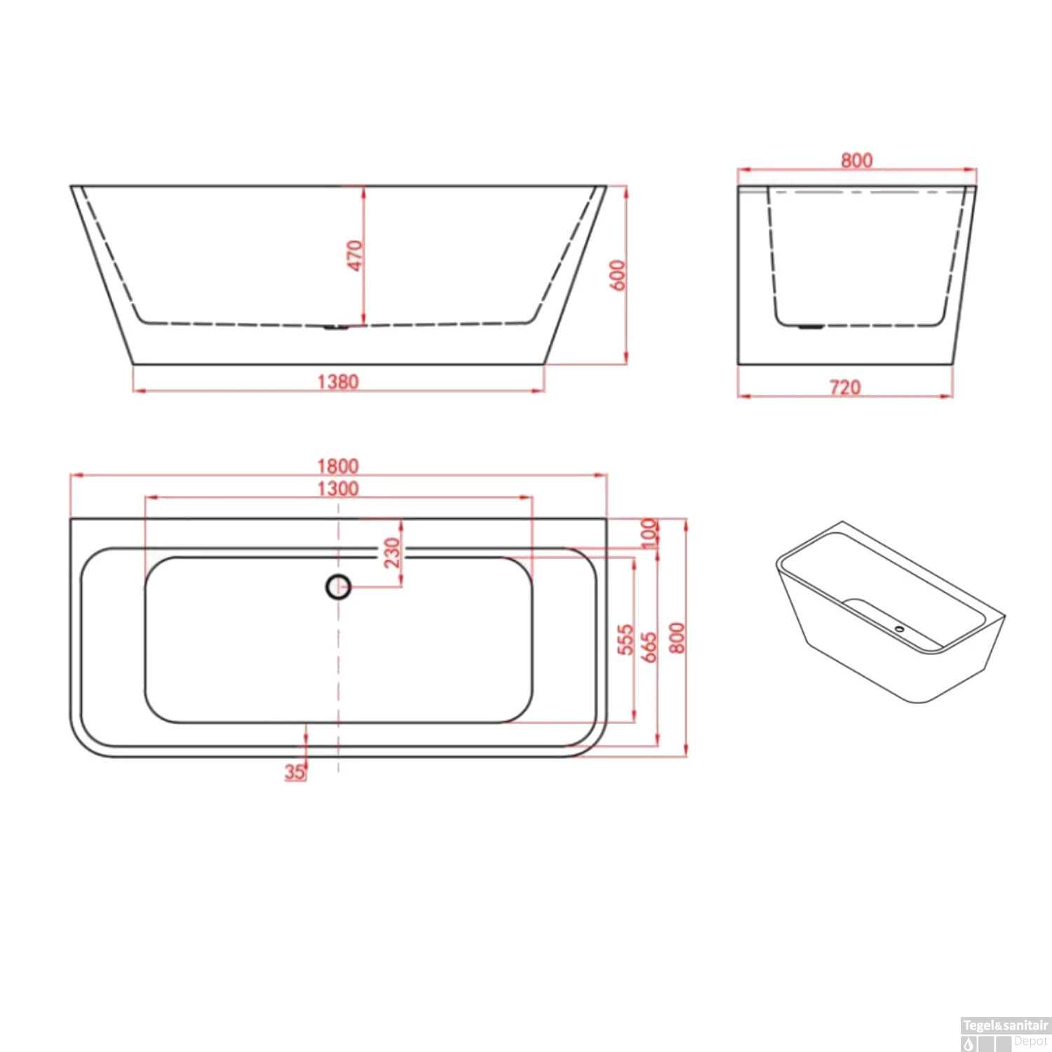 Half Vrijstaand Bad Luca Sanitair Primo 180x80x60cm Acryl Glans Wit Met Overloop - Afbeelding 4