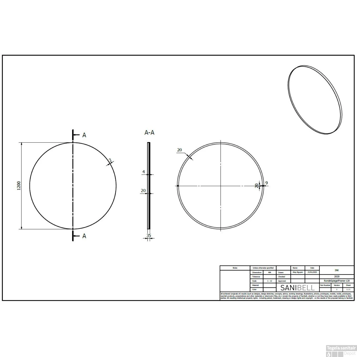 Ink Spiegel Rond Mat Goud Aluminium Kader 120 X 3,5 Cm - Afbeelding 2