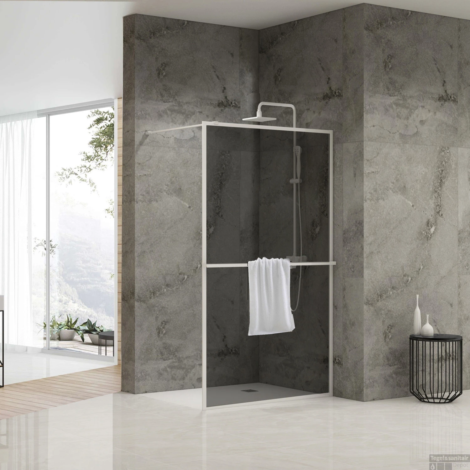 Inloopdouche Van Rijn ST04 Met Handdoekstang 90x200 Cm 8 Mm Rookglas Wit 3 Inloopdouche Van Rijn ST04 Met Handdoekstang 90x200 Cm 8 Mm Rookglas Wit