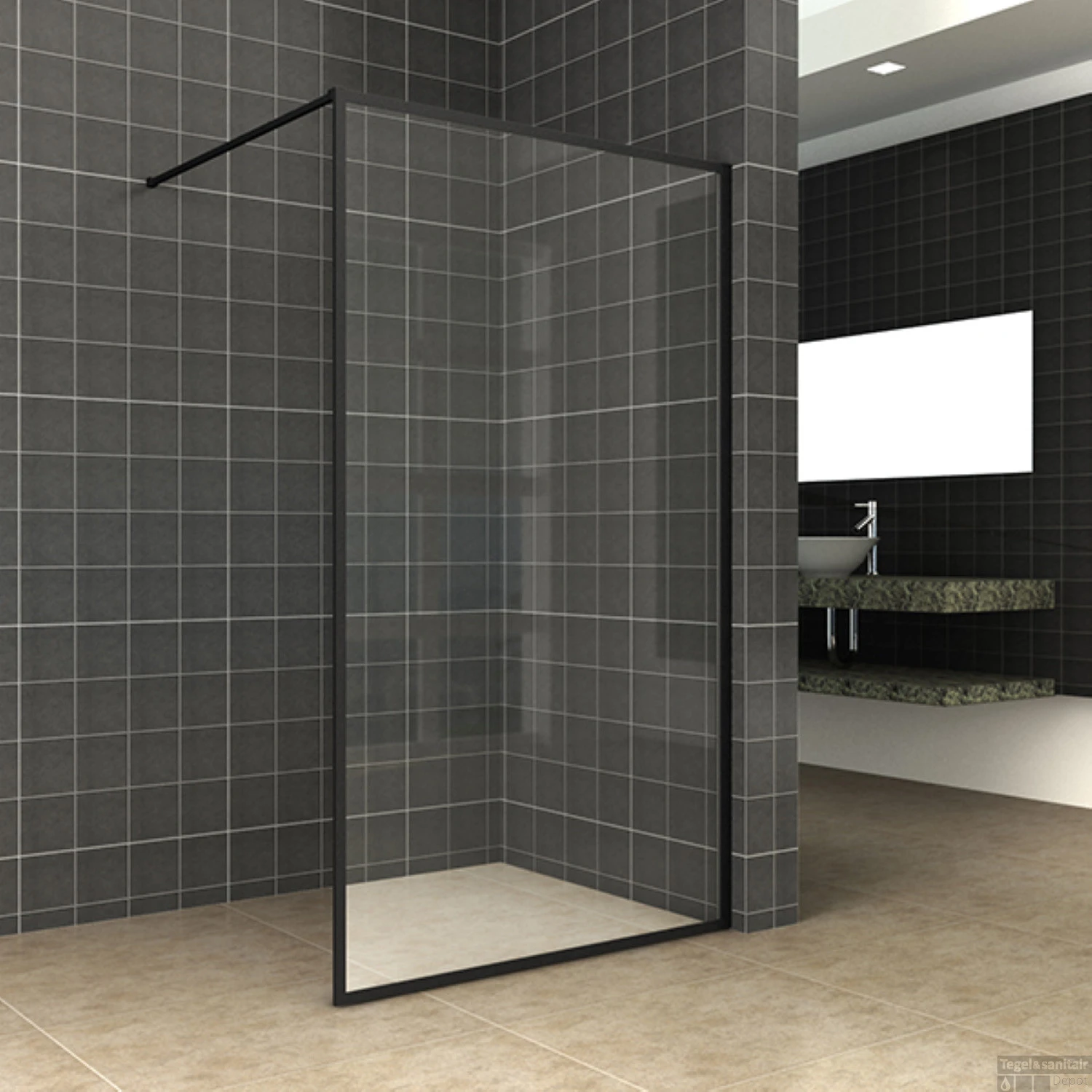 Wiesbaden Douchewand Square 10mm 120x200cm Stabilisatiestang | Nano Coating | Mat Zwart | Inloopdouche