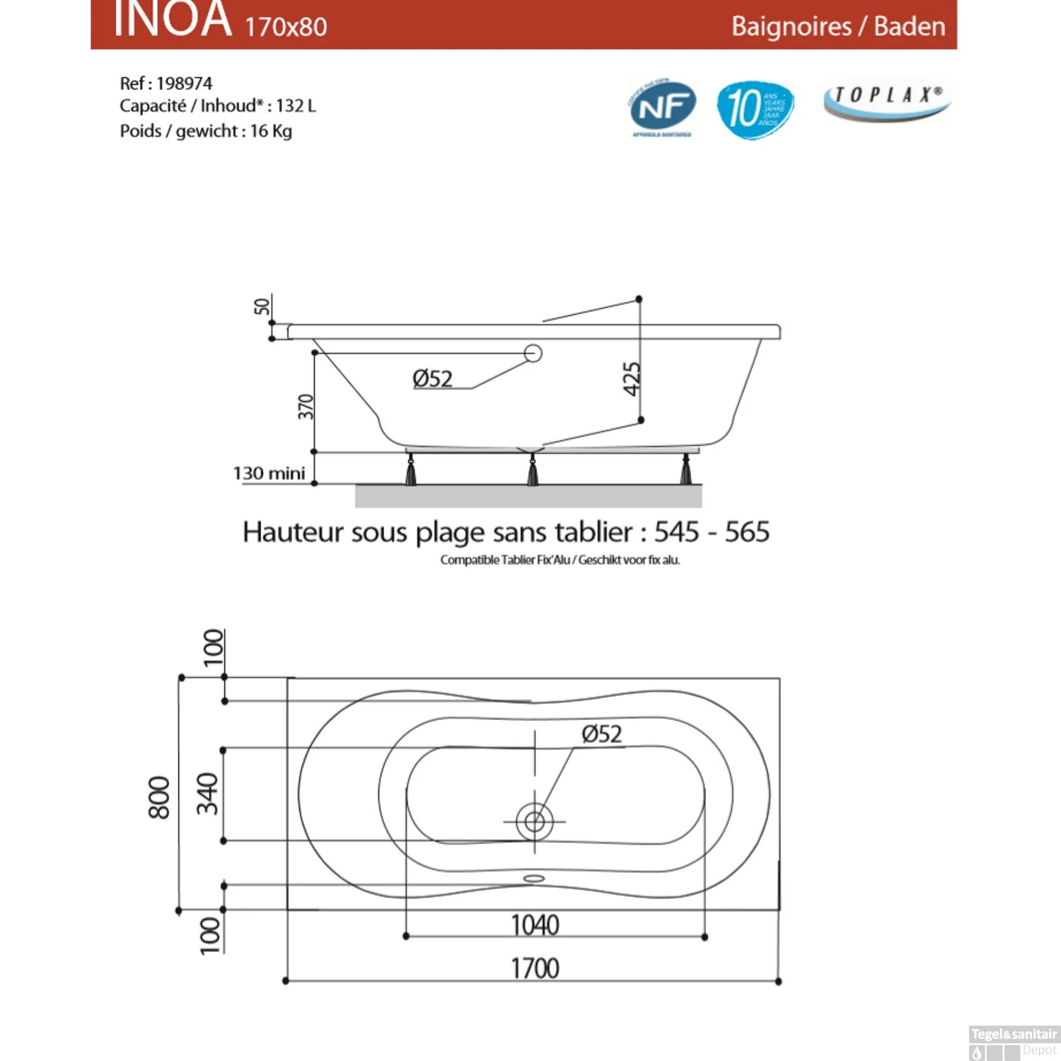 Ligbad Allibert Inoa 170x80 Cm 4 Ligbad Allibert Inoa 170x80 Cm - Afbeelding 2