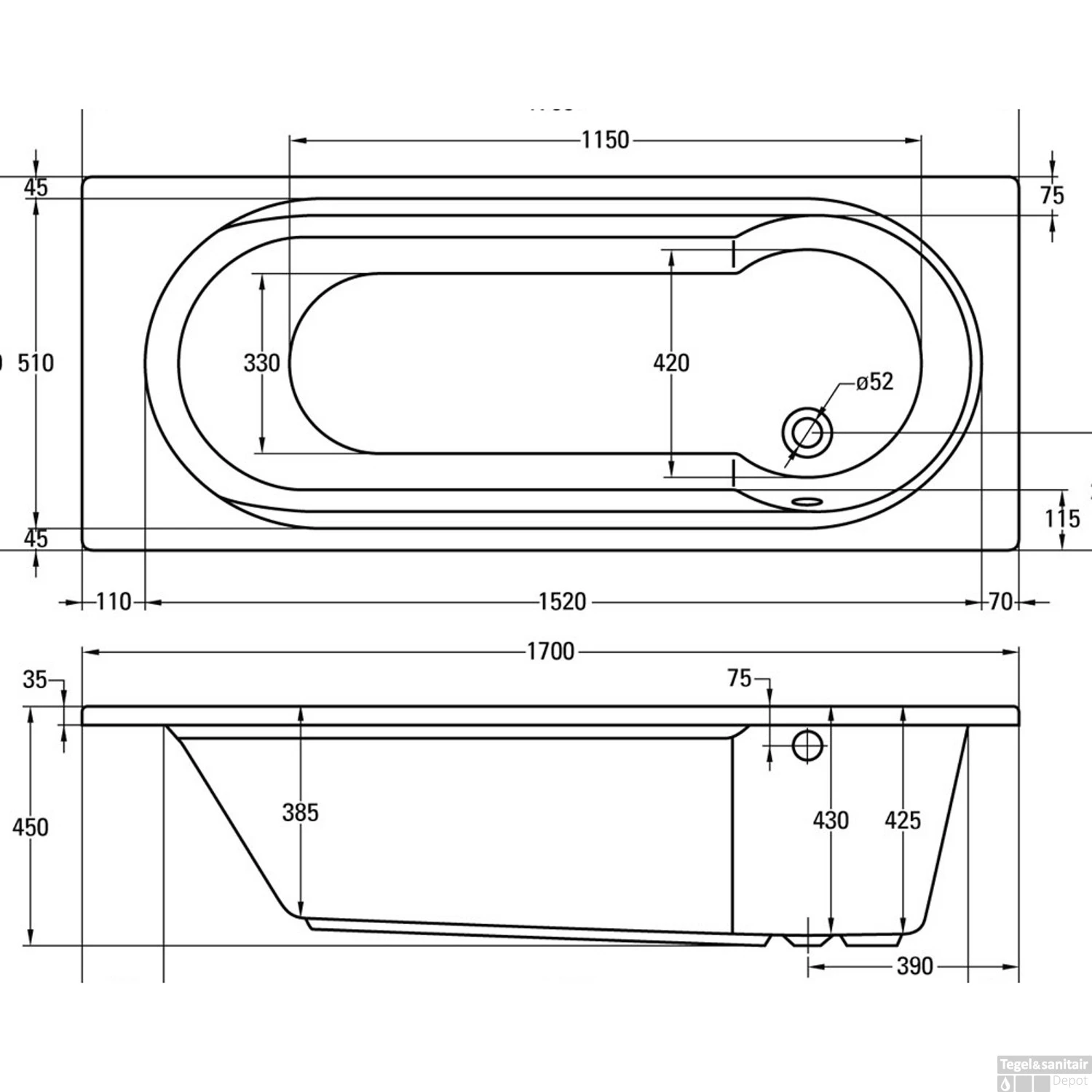 Ligbad Plieger Queen Solo Acryl Met Geïntegreerd Douchegedeelte 170x70x43cm Met Poten Wit - Afbeelding 2
