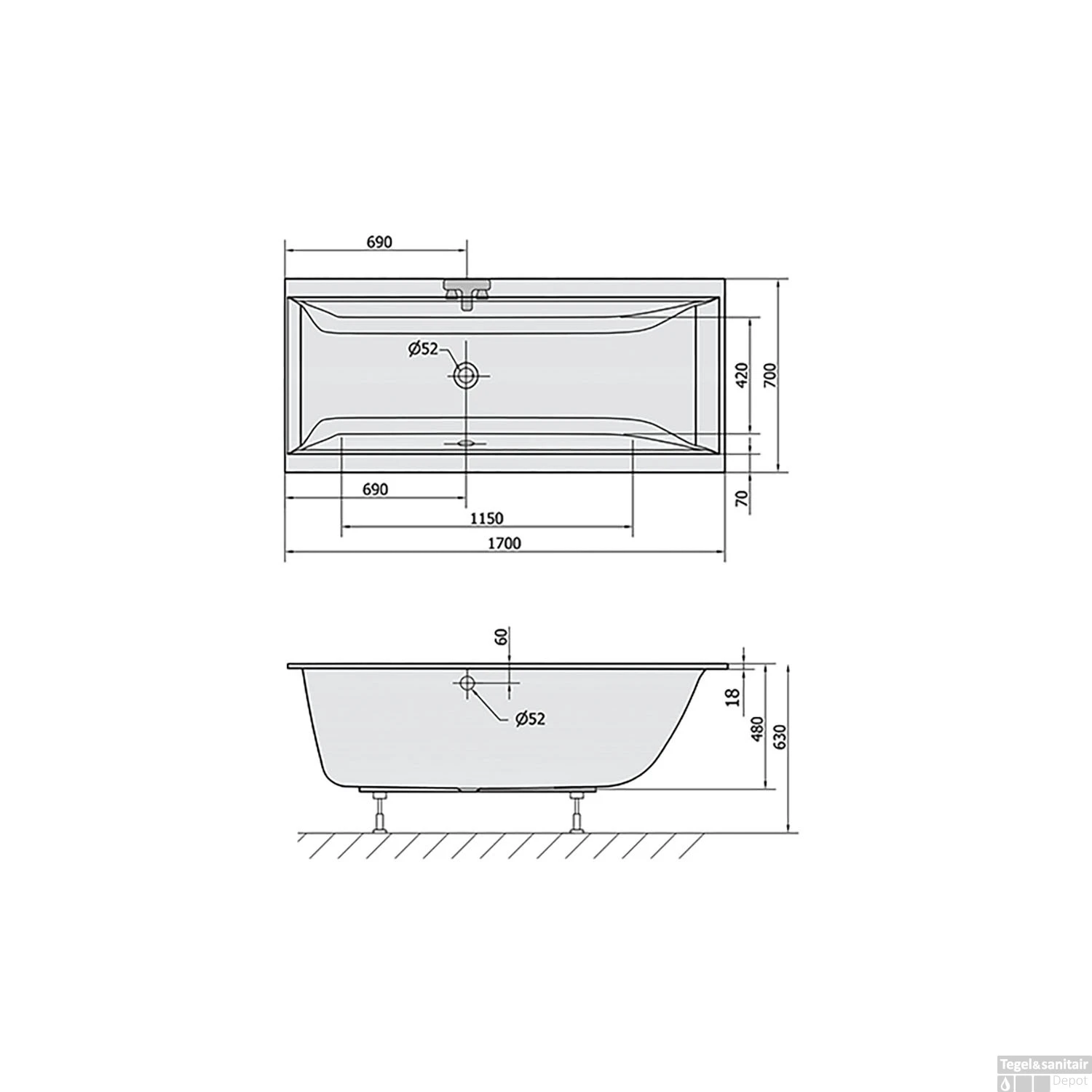Ligbad Polysan Cleo Slim Inbouw 170x70x48 Cm Wit 6 Ligbad Polysan Cleo Slim Inbouw 170x70x48 Cm Wit - Afbeelding 4