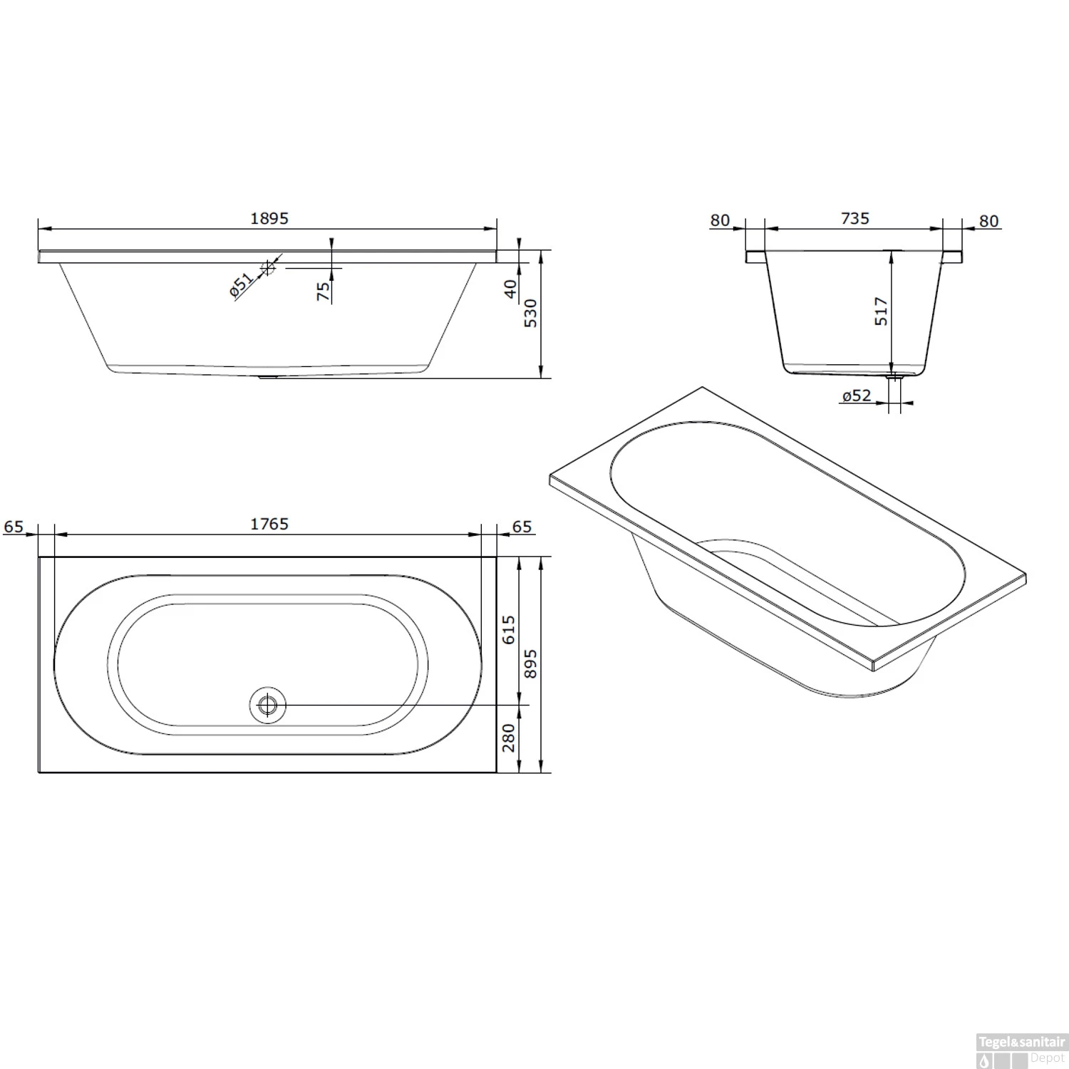 Ligbad Sanindusa Urb.y 190x90 Cm Acryl Wit 5 Ligbad Sanindusa Urb.y 190x90 Cm Acryl Wit - Afbeelding 3