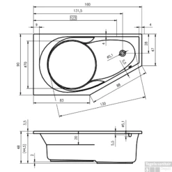Ligbad Riho Yukon 160 X 90 Cm RECHTS Wit -Sealkin Badkamermeubilair Winkel maten yukon rechts