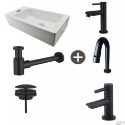 Fonteinpack Rhea Links Keramiek 36x18x9 Cm Mat Zwart (Keuze Uit 4 Kranen)