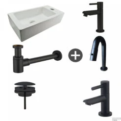 Fonteinpack Rhea Rechts Keramiek 36x18x9 Cm Mat Zwart (Keuze Uit 4 Kranen)