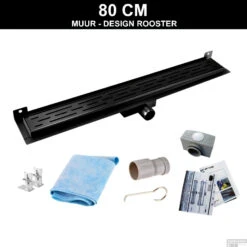 Mat Zwarte RVS Douchegoot Muurflens Met Uitneembaar Sifon 80x7cm 6,7cm Diep Mat Zwart -Sealkin Badkamermeubilair Winkel muur design rooster 80cm 1 2