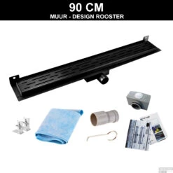 Mat Zwarte RVS Douchegoot Muurflens Met Uitneembaar Sifon 90x7cm 6,7cm Diep Mat Zwart