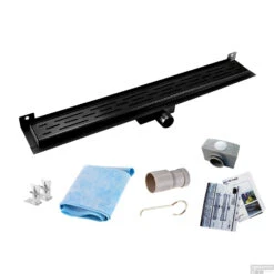 Mat Zwarte RVS Douchegoot Muurflens Met Uitneembaar Sifon 90x7cm 6,7cm Diep Mat Zwart -Sealkin Badkamermeubilair Winkel muur design rooster mat zwart shop 3