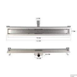 RVS Douchegoot Muurflens Met Uitneembaar Sifon 70x7cm 6,7cm Diep TEGEL ROOSTER 17 RVS Douchegoot Muurflens Met Uitneembaar Sifon 70x7cm 6,7cm Diep TEGEL ROOSTER -Sealkin Badkamermeubilair Winkel muur tegel rooster 70cm 7 tech