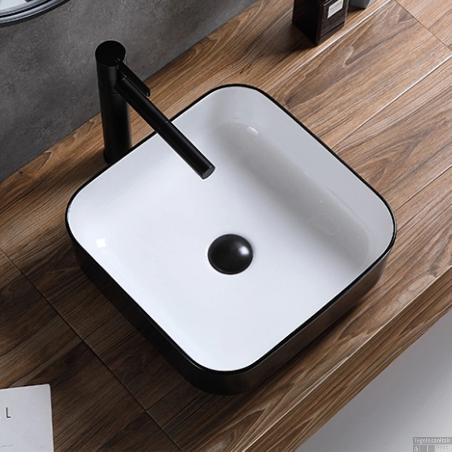 Opbouw Waskom Boss & Wessing Premium 40x40x14 Cm Wit Met Mat Zwarte Buitenkant - Afbeelding 3